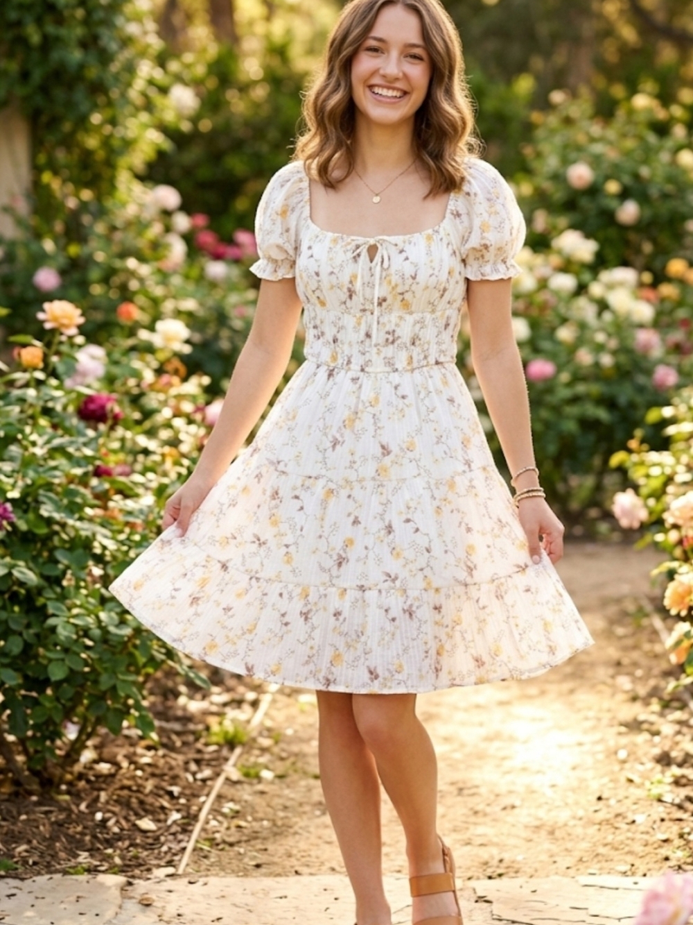 Liberty Love Cream Floral Puff-Sleeve Mini Dress